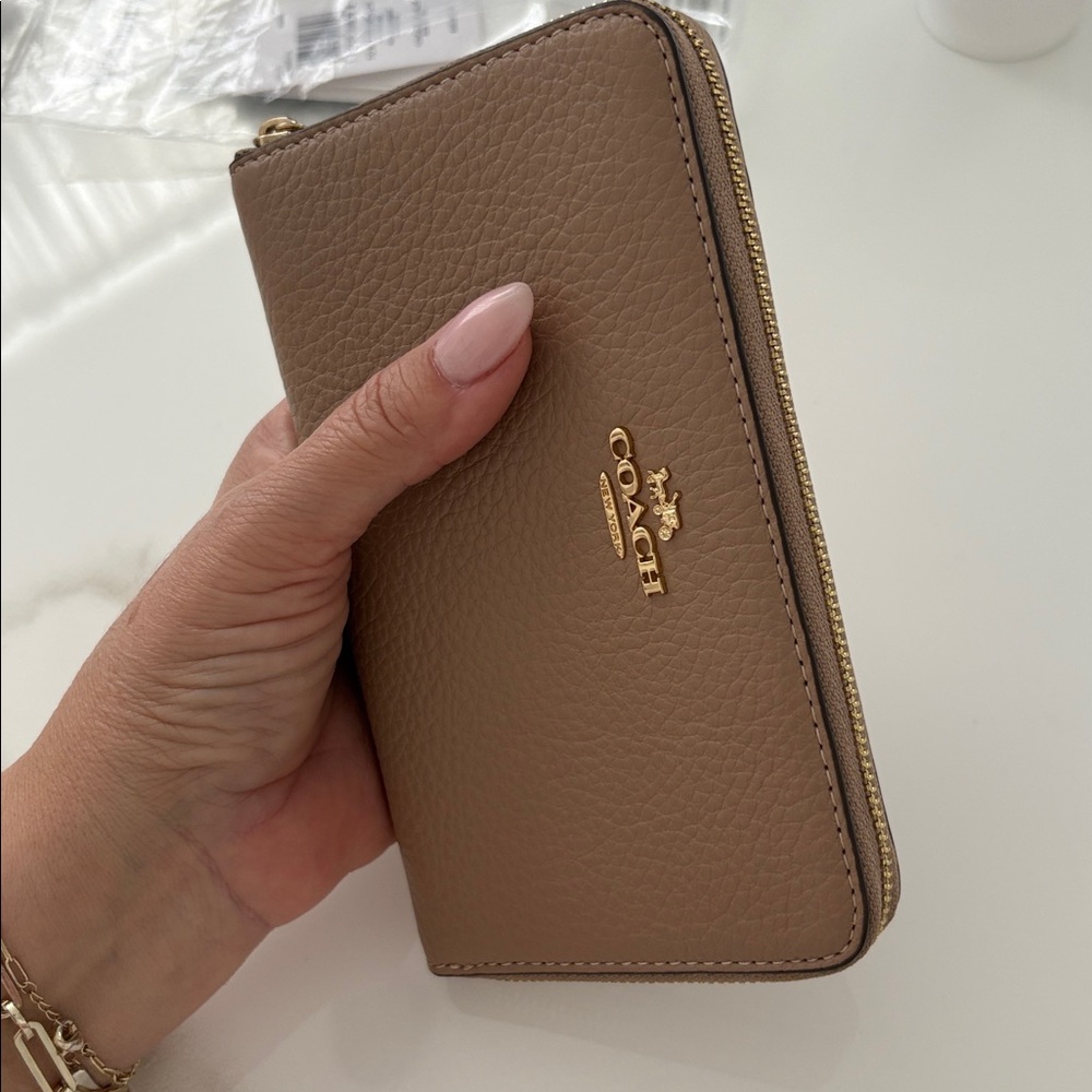 Coach Zip-Around Pebbled Leather Wallet in Brown with Gold Hardware
